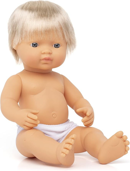 Miniland Doll 15'' Caucasian Blonde Boy (Polybag) - Made in Spain, Anatomically Correct, Quality