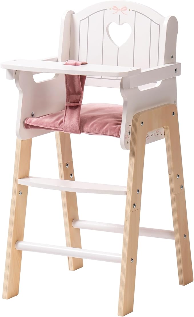 ROBOTIME Wooden Baby Doll High Chair, Pink Wooden Baby Doll Chair for 18 Inch Dolls, Pretend Play High Chair Baby Doll Accessories, Small