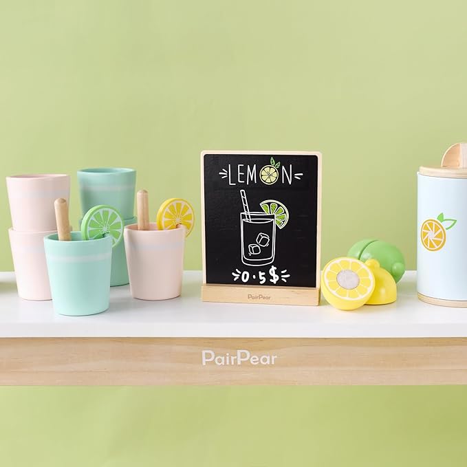 PairPear Wooden Toys Lemonade Playset,Kids Play Food Pretend Play Lemonade Stand Kit,Play Kitchen Grocery Maket Acessories Gift for Toddler Girls and Boys 3 Years+