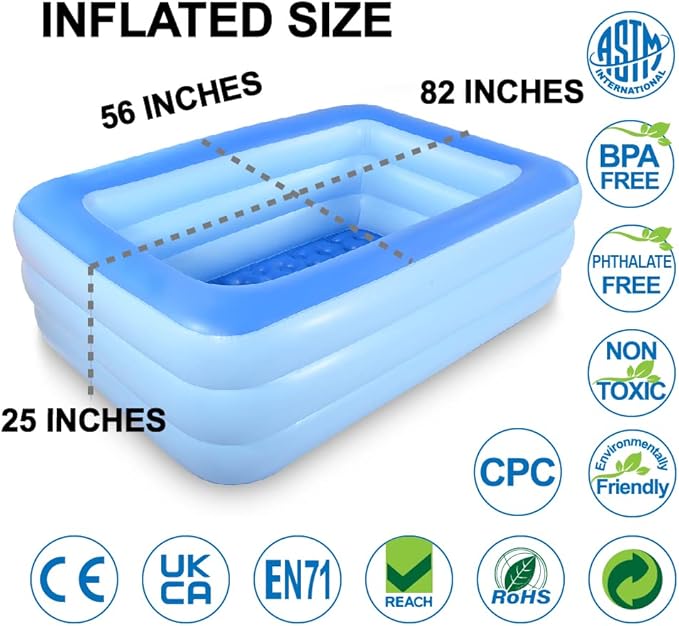 Inflatable Family Swim Play Center Pool, 82" x 56" x 25" Giant Blow Up Pool Summer Water Fun with Inflatable Soft Floor for Family, Garden, Outdoor, Backyard (Blue)