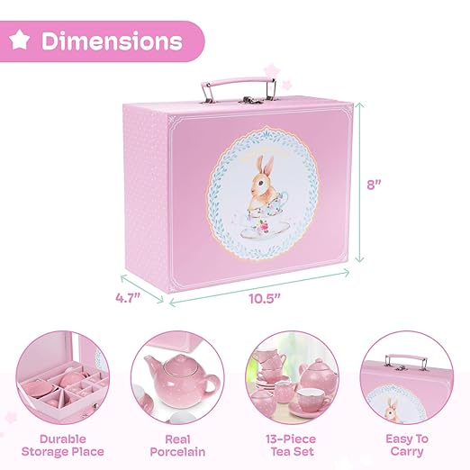 Jewelkeeper Tea Set for Little Girls - 14-Piece Porcelain Tea Party Set for Children Includes Teapot, Cups, Saucers, Creamer, and Sugar Bowl - Pink Polka Dot Design