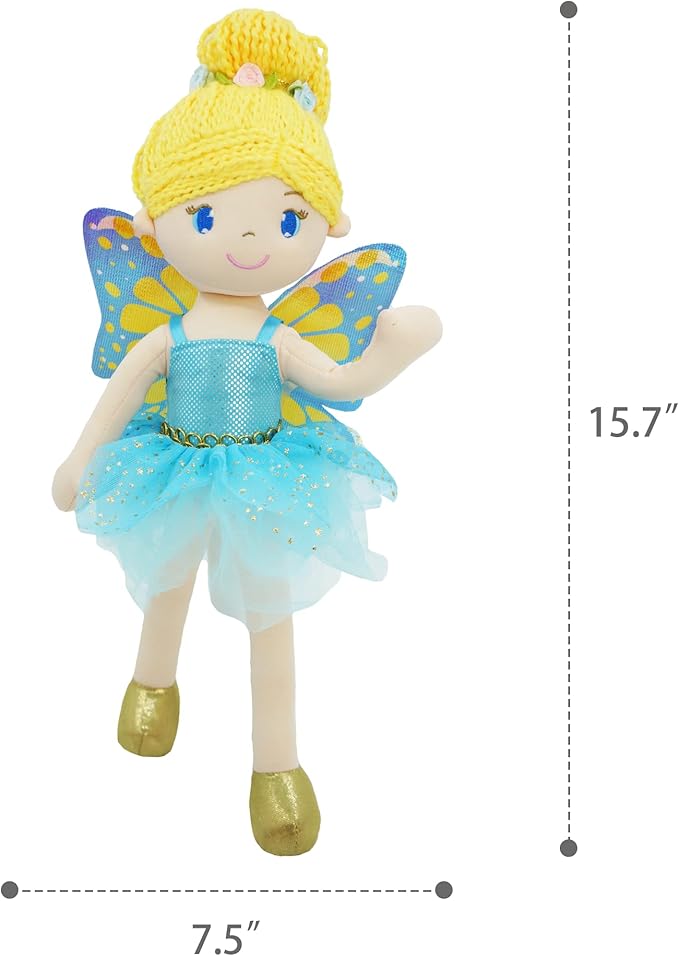 June Garden 16" Enchanted Garden Fairy Doll Fayetta - Plush Stuffed Soft Doll Girl Gift - Blue Outfit and Wings