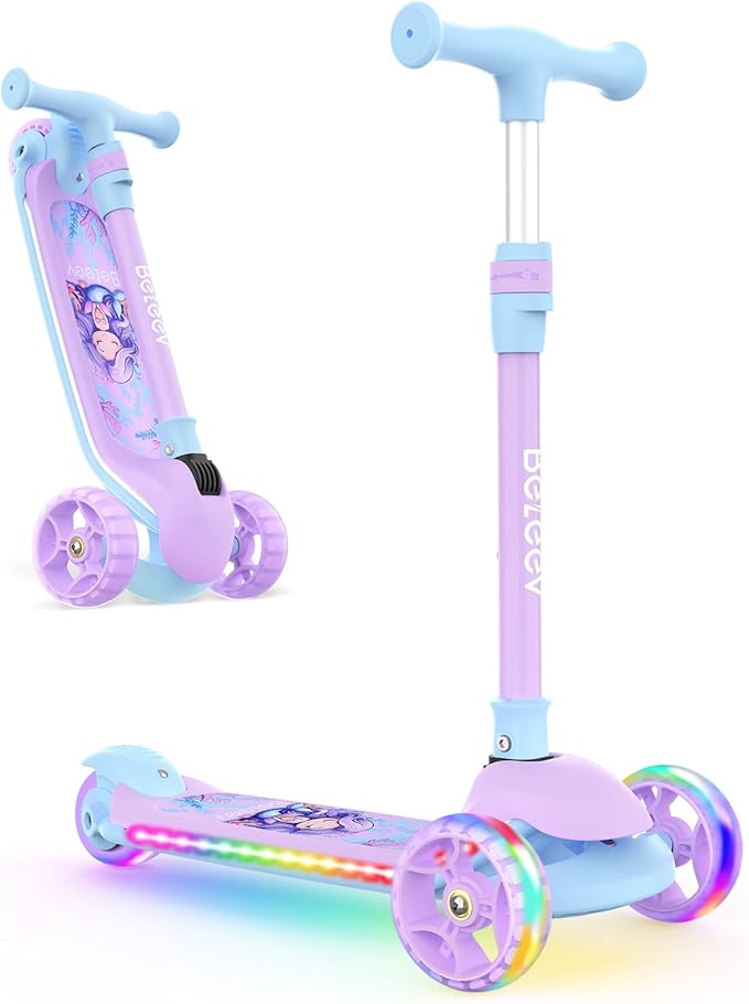 BELEEV A9 Kids Scooter with LED Light-Up Wheels & Deck, 3 Wheel Folding Scooter for Toddlers Girls Boys Ages 3-12, Adjustable Handlebar, Lean to Steer, Extra-Wide Wheels, Kick Scooter for Children