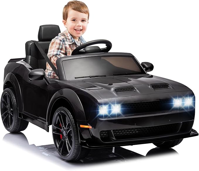 Kids Electric Car | Licensed Dodge Challenger Ride-On 12V Battery-Powered Vehicle with Remote, LED Lights, Bluetooth, MP3 for Boys and Girls, Black