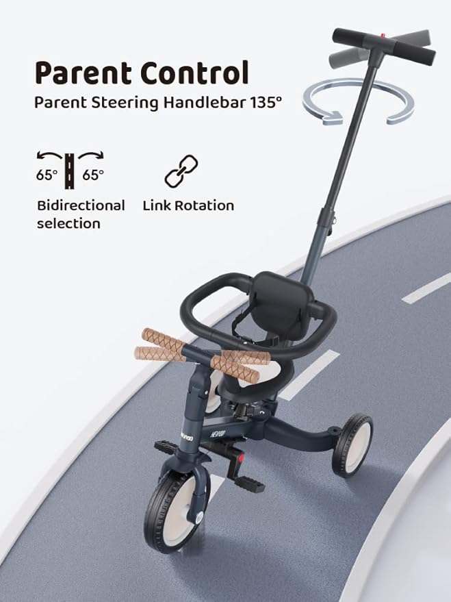 newyoo 5 in 1 Tricycles for 1-3 Year Olds, Baby Balance Bike, Christmas and Birthday Gift for Boy and Girl, Toddler Bike with Parent Push Handle, Safety Guard, Backrest, Safety Belt, Dark Grey, TR008