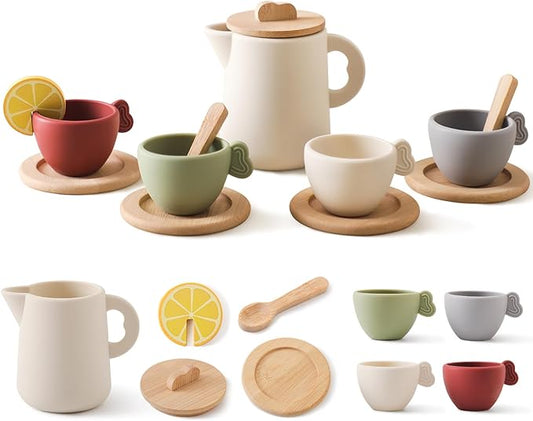 Tea Party Set for Kids, Wooden Tea Set for Little Girls and Boys, Kids Play Kitchen Accessories Toy Dishwasher Safe Tea Set for Toddler, Pretend Play Toddler Tea Set 3-5 Ideal Christmas Birthday Gift