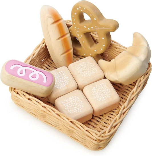 Tender Leaf Toys - Bread Basket - 8 Pcs Wooden Pastries Pretend Food Play Supermarket Shopping Game, with Hand-Crafted Wicker Basket, Play Kitchen Accessories - Age 3+