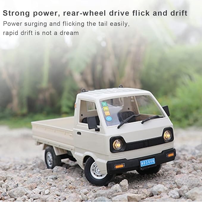 WPL D12 1/16 RC Truck for Adult, 2.4GHz Mini Truck Remote Control Drift Pickup Off Road Vehicle, 130 Motor Rear Drive 20KM/H Cargo Car with Led Light - 2 Battery