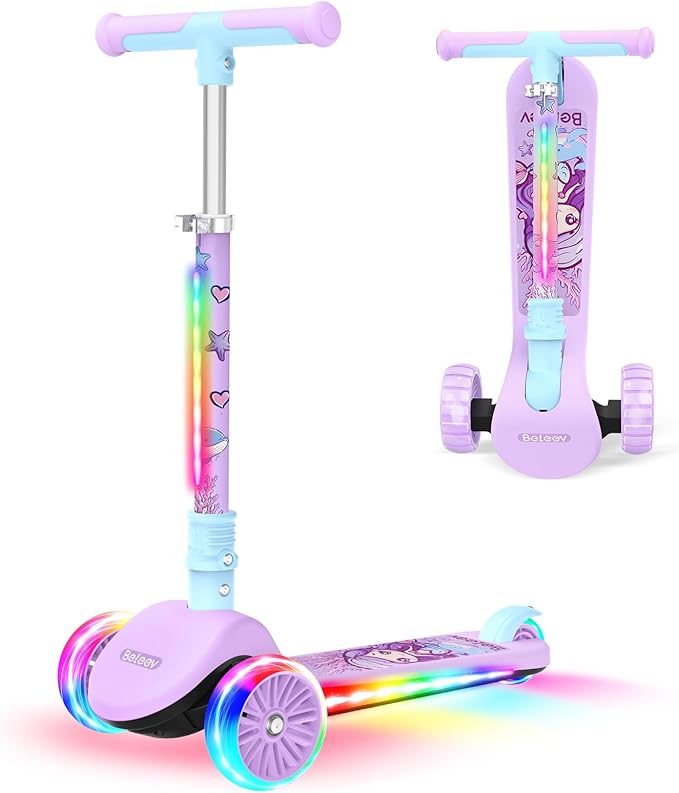 BELEEV A9 Kids Scooter with LED Light-Up Wheels & Deck, 3 Wheel Folding Scooter for Toddlers Girls Boys Ages 3-12, Adjustable Handlebar, Lean to Steer, Extra-Wide Wheels, Kick Scooter for Children
