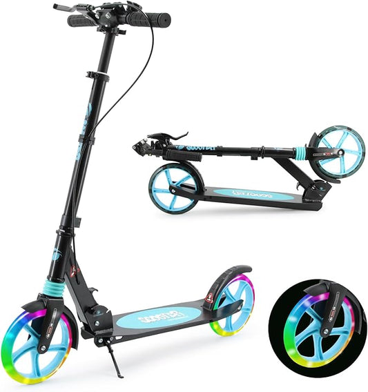 Scooter for Kids Ages 8+ Teens & Adults, Lightweight Kick Scooter with Carry Strap Adjustable Height Equipped with Front handbrake and Rear Brake, Big Sturdy PU Flash Wheels Great Gift & Toy