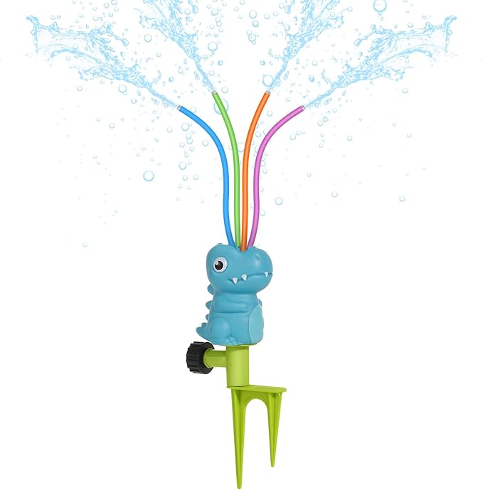 MoKo Water Sprinkler for Kids, Dinosaur Toddler Outdoor Toys with 4 Wiggle Tubes and Hose Clamp, Outdoor Play Toys Spray Up to 8ft, Summer Water Toys Sprinklers for Yard Lawn Garden Game, 1 Pack, Blue