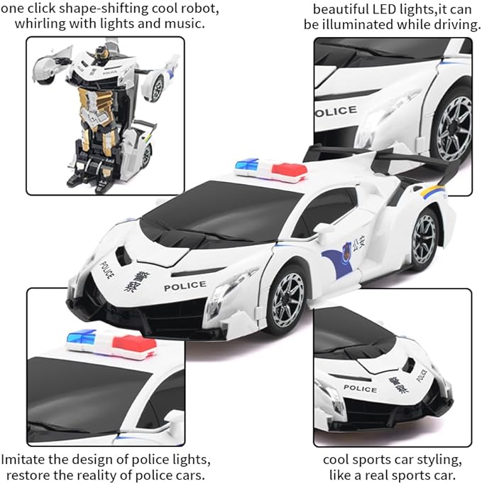 Transform Remote Control Car, 1:12 Scale Police Car Toy, One Button Deformation & Gesture Sensing Robot Car, Transforming Toys with Light Music 360° Drift, RC Cars for Boys Age 8-12