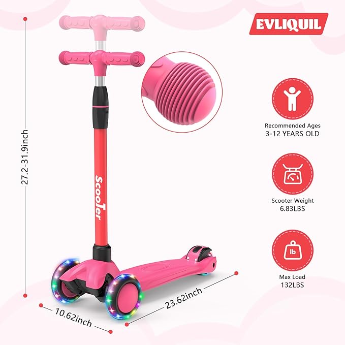 Kids Scooter,LED Lighted Wheels and 3 Adjustable Height Handlebars Scotters for Kids 3-12,3 Wheel Toddler Kick Scotter for Boys & Girls up to 132 Lbs.