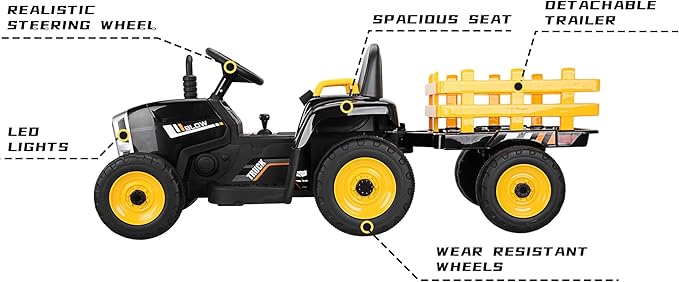 TOBBI Kids Electric Ride On Toy Tractor, 12v Battery-Powered 4 Wheels Ride On Car with Trailer for Toddlers 3-6 Years-Black