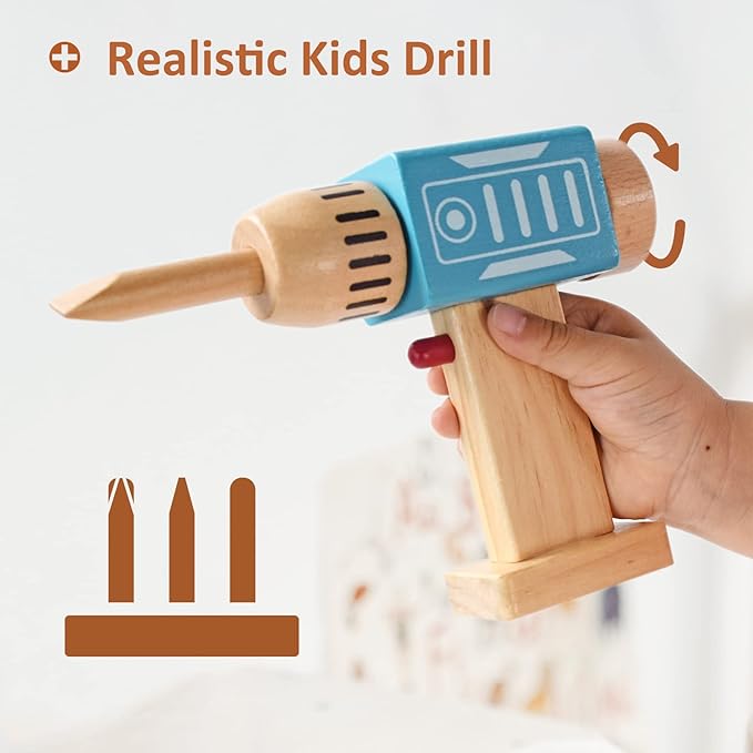 PairPear Kids Tool Set,Wooden Toy Tool Box with Toy Drill,Wooden Tool Kit Toddler Construction Toys Workbench Pretend Play Gift for Boys Girls 3 Years and Up.