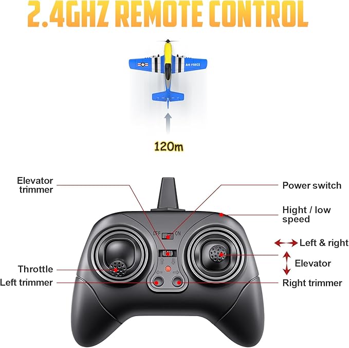 HAWK'S WORK 3 Channel RC Plane P-51D Mustang, Remote Control Airplane Ready to Fly, 2.4GHz 6-axis Gyro Stabilizer, Easy to Fly for Kids & Beginners