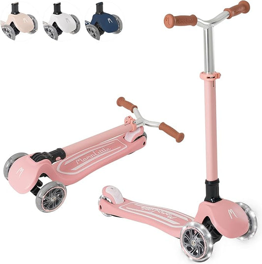 MomnLittle Kick Scooter for Kids Ages 3-10 (Beige/Pink/Navy/White) 3 Wheeled with LED Light-Up Wheels CPSC Certified Foldable and 4 Height Adjustable Toddler Scooters for Boys Girls