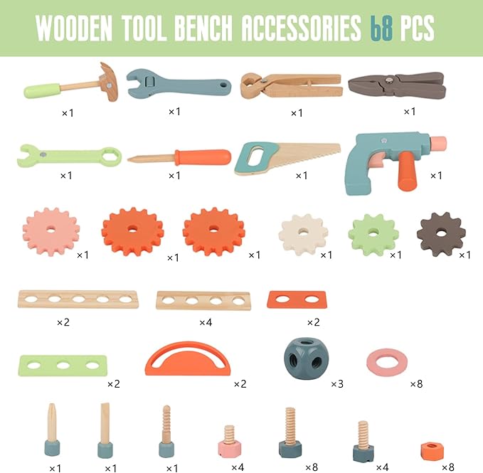 Wooden Power Tool Workbench for Kids, Building Tools Sets Pretend Play Toys - Construction Workbench with Wrench, Screwdriver, Miter Saw and Hammer - Educational Gift for Toddlers Age 3 and Up
