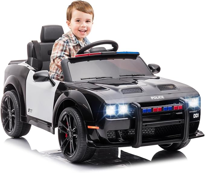 Kids Electric Car | Licensed Dodge Challenger Ride-On 12V Battery-Powered Vehicle with Remote, LED Lights, Bluetooth, MP3 for Boys and Girls, Police