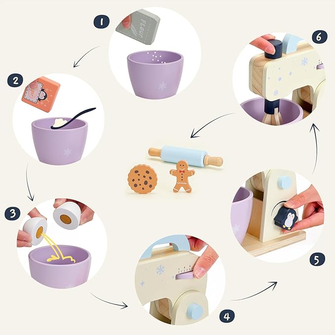 PairPear Wooden Toy Mixer for Kids Kitchen Playset –10 Piece Play Mixer Wooden Play Food Kitchen Cookie Bakery Toys, Kids Mixer Play Kitchen Accessories for Age 3+ Girls and Boys