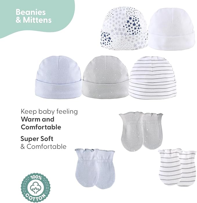 The Peanutshell Baby Layette Gift Set for Baby Boys or Girls - 23 Piece New Born Unisex Gift Set, Clothes & Newborn Essentials Must Haves - Clothes 0-3 Months - Blue & Grey