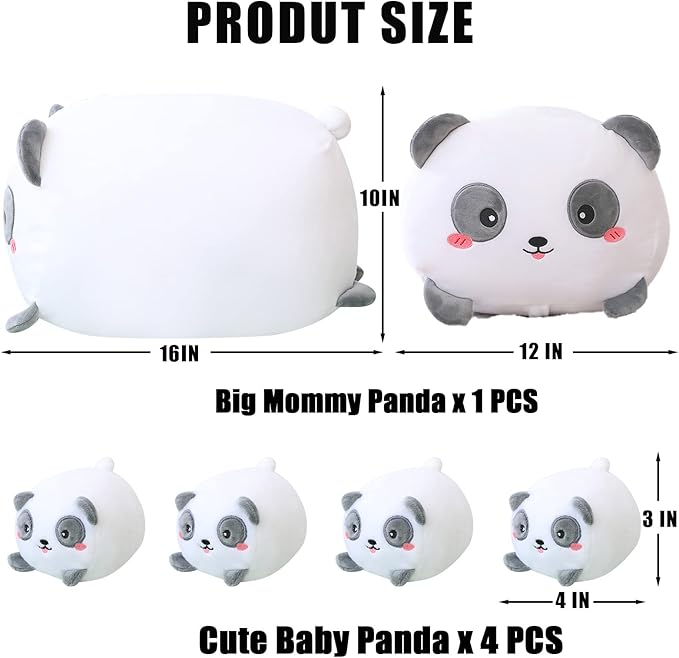 SQEQE Panda Mommy Stuffed Animal with 4 Baby Pandas, Super Soft Cartoon Hugging Toy Gifts for Girls Boys Birthday