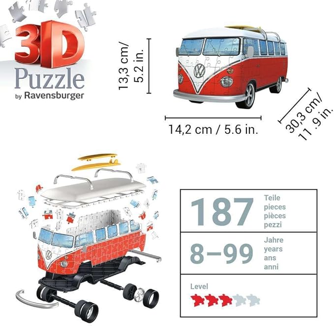 Ravensburger Volkswagen T1 Campervan 3D Jigsaw Puzzle - 162 Pieces | Precision Fit with Easy Click Technology | Engaging Toy for Kids & Adults | Durable Displayable Model