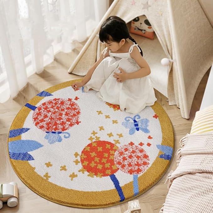Poowe Round Butterfly Kids Area Rug Soft Fluffy Kids Construction Rugs for Playroom Nonslip Digger Nursery Rug for Boys Room,Round 31.5"