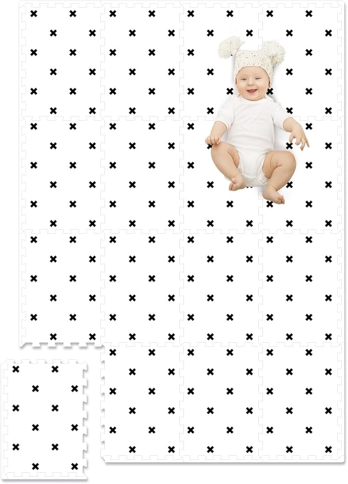 TCBunny 16 Interlocking Tiles and Edges Baby Play Mat for Kids & Toddlers - 5.6 X 4 FT (White with Black Cross)