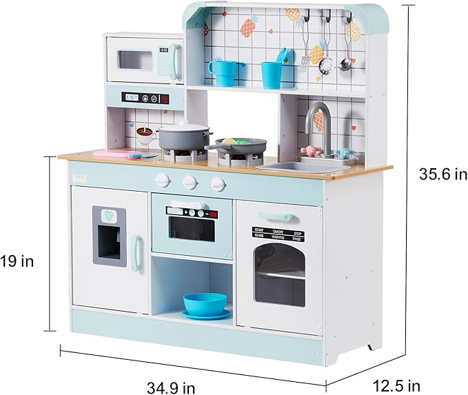 VEVOR Play Kitchen for Kids, Wooden Toy Kitchen Set with Lights and Sounds, Toddler Kitchen with Ice Maker, Oven, Sink, Microwaves, Fridge and Utensil and Fruit Accessory for Toddlers Ages 3-8, White