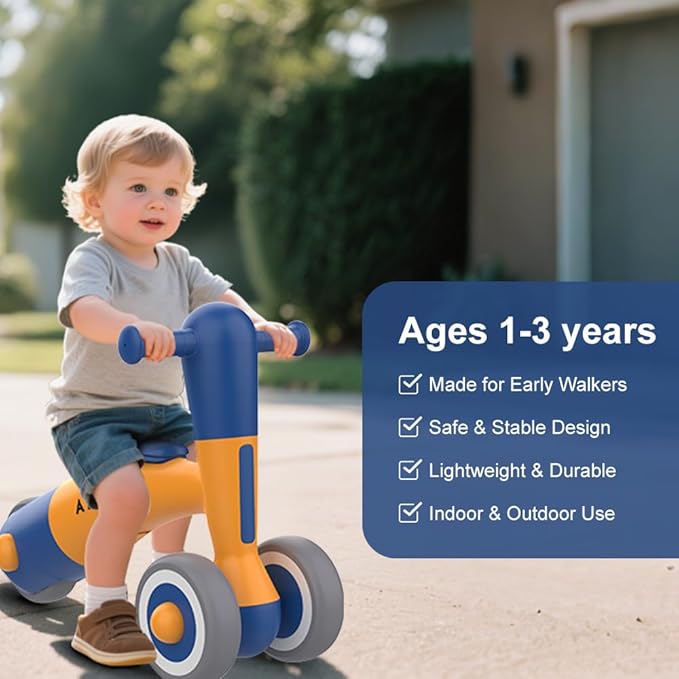 3-Wheel Baby Balance Bike for Toddlers 1-2 Years Old (8-24 Months), Adjustable Seat & Anti-Tip Design, Learning Walker Toy, First Birthday Gift for Boys & Girls