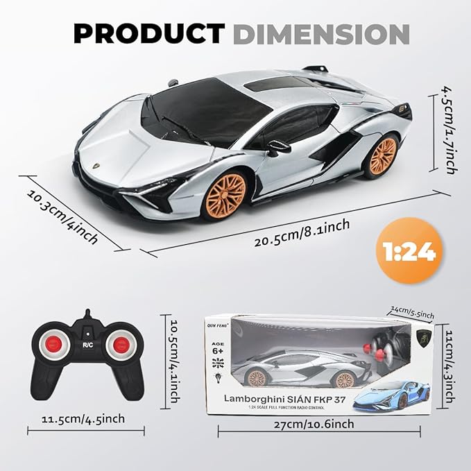 QUN XING Remote Control Car 1:24 Officially Licensed 2.4GHZ Rc Cars Lambo Sport Racing Toy Car for Kids Boys 4-7 Years Birthday Gift,Silver