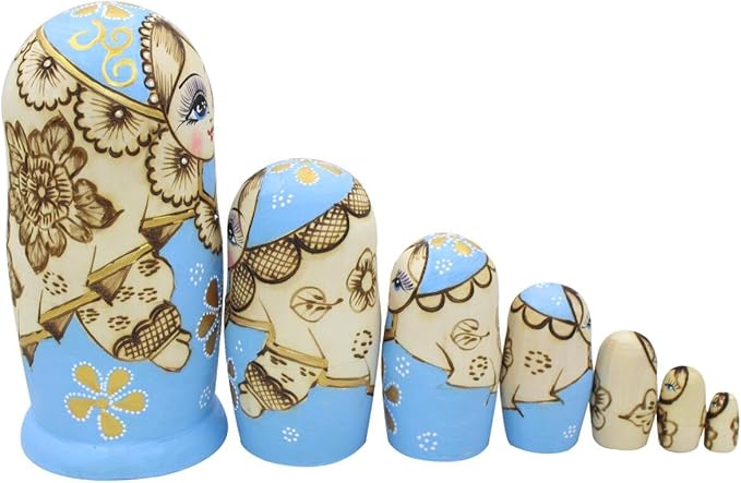 Winterworm® Cute Little Girl with Big Braid Handmade Matryoshka Wishing Dolls Russian Nesting Dolls Set 7 Pieces Wooden Kids Gifts Toy Home Decoration Sky Blue