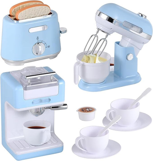 Pretend Play Kitchen Appliances Toy Set, Kids Kitchen Accessories Set with Coffee Maker, Toaster, Mixer with Light and Sound, Gift for Girls Boys Kids Ages 3 4 5 6 7 8(Blue)