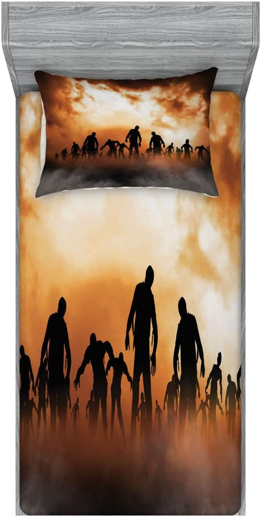 Ambesonne Halloween 2 Pack Fitted Sheet & Pillow Sham Set, Zombies Misty, 4 Pcs Bedding Decor, Package Contains 2 Twin Size Fitted Sheets & 2 Pillow Covers, Orange and Black
