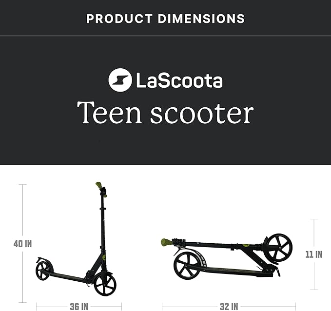 LaScoota Kick Scooter for Kids Ages 6+, Teens & Adults, Large 8" Sturdy Urethane Wheels. Adjustable Handlebar, Lightweight, Foldable, 220lbs Max Load