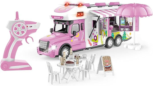 Remote Control Camper Toys, RC Truck for Boys Pull Back Model Car Doors & Awning Open Light Sound, RC Food Car Age 3 4 5 6 7 8 Kids Toddlers Birthday Gifts