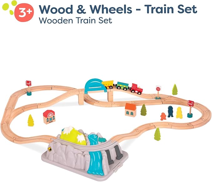 B. toys- Wood & Wheels Train Set- 47pc Wooden Train Set- Train Tracks & Accessories – Storage Bucket with Mountain Lid – Classic Toys for Toddlers, Kids – 3 Years +