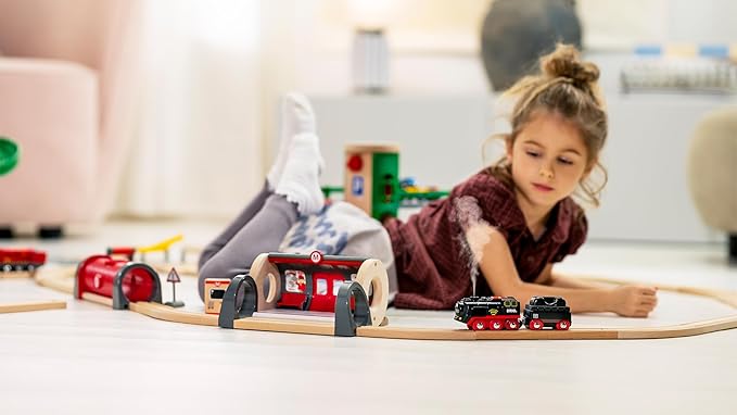 BRIO World Battery-Operated Steaming Train - 3-Piece Motorized Train Engine for Wooden Track with Lights and Kid-Friendly Steam - Interactive Play with Forward/Reverse - for Kids 3 & Up