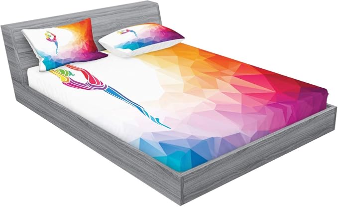 Ambesonne Gymnastics Fitted Sheet & Pillow Sham Set, Polygonal Pattern with Colorful Girl Design Acrobatic Composition Active Life, Decorative Printed 3 Piece Bedding Decor Set, King, Rainbow