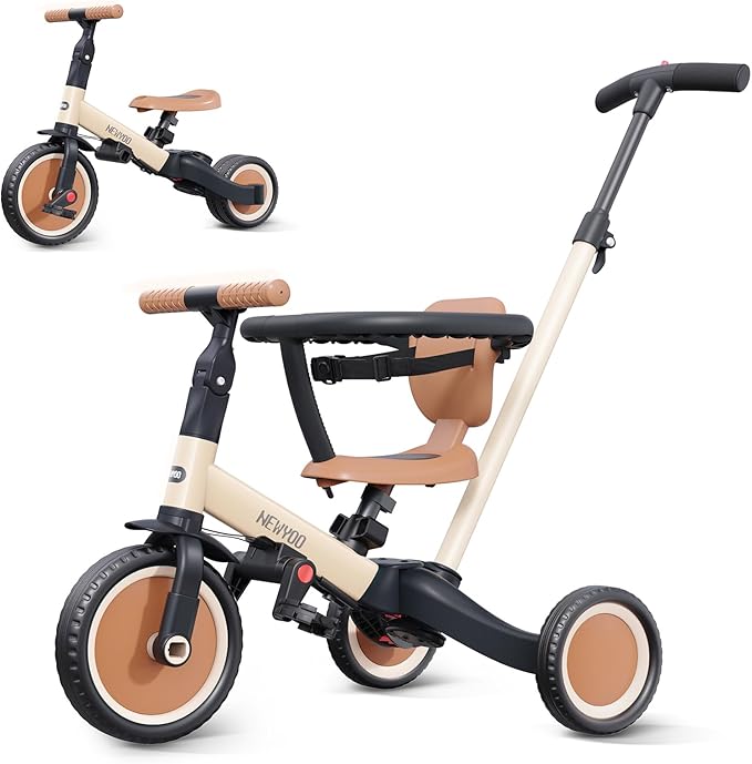 newyoo TR008 5 in 1 Toddler Tricycle with Push Handle for 1-3 Year Old Boys and Girls, Kids Push Trike with Safe Bar, Toddler Bike, Convert to Balance Bike, Birthday Gifts and Toys for Baby, Cream