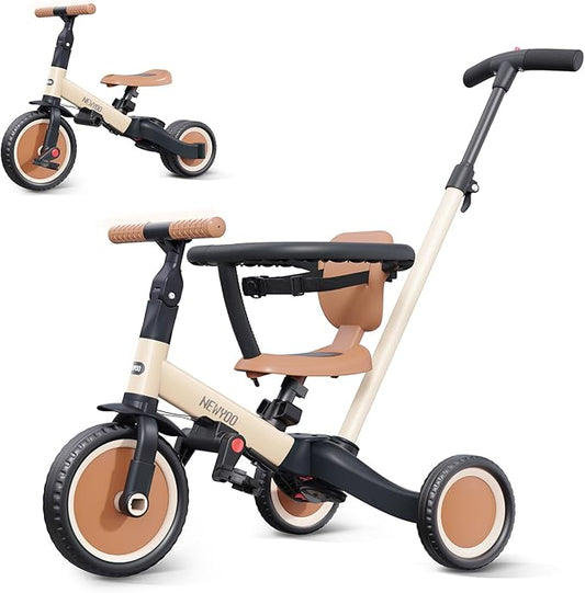 newyoo TR008 5 in 1 Toddler Tricycle with Push Handle for 1-3 Year Old Boys and Girls, Kids Push Trike with Safe Bar, Toddler Bike, Convert to Balance Bike, Birthday Gifts and Toys for Baby, Cream