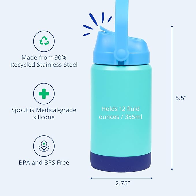 Re-Play 12 oz Water Bottle for Kids - Vacuum-Insulated Stainless Steel Tumbler with Flip-Straw, Silicone Base and Handle - Spill and Leak-Proof Design, Dishwasher and Freezer Safe, True Blue