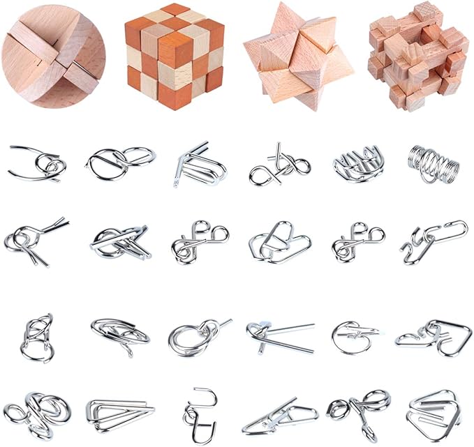 Brain Teaser Puzzles - 28 Pc Mind & IQ Puzzles, Wooden & Metal, 3D, Unlock Interlock, for Teens