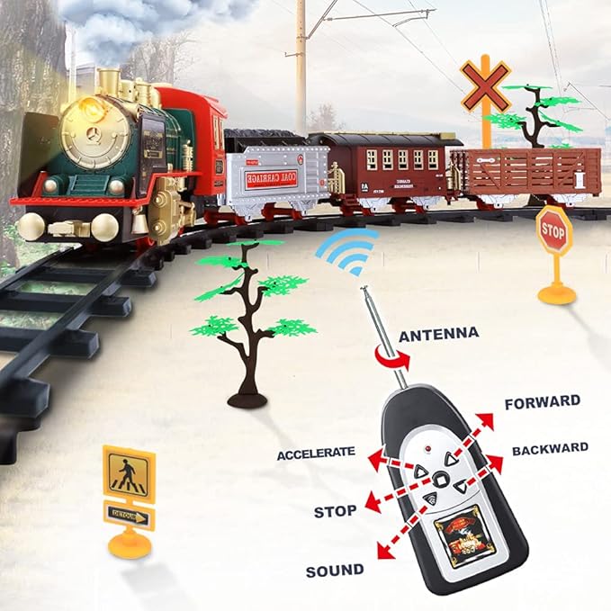 Remote Control Train Set - Electric R/C Train Toy for Kids w/Smokes,Lights & Sound,Railway Kits w/Steam Locomotive Engine,Cargo Cars & Tracks, Christmas Toys for 3 + Year Old Kids
