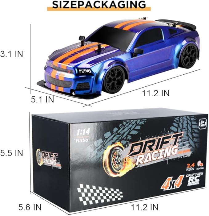 RC Drift Car 1/14 Scale Remote Control Drift Car 4x4 Race RC Vehicle High Speed 30KM/H Remote Control Drifting Toy for Boys Kids RTR with LED Lights 2.4 GHz Drifting and Racing Tires