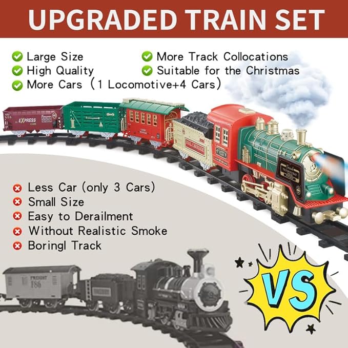 JUQU Christmas Train Set - Electric Train Toys w/Smokes&Lights&Xmas Sounds, Toddler Train Sets for Kids w/Rechargeable Battery & Locomotive Engine, 4 Cars & 21 Tracks for Age 3 4 5 6 7 8+ Boys Girls