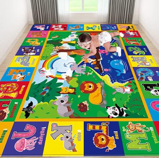 Kids Play Rug, Animals Print ABC Educational Mat for Floor, Playroom, Non-Toxic Soft Baby Crawling and Tummy Time Nursery Rug (Green, 110.2X78.7 INCH)