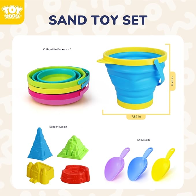 TOY Life Beach Toys for Kids Ages 4-8 Collapsible Sand Toys Toddlers with Silicone Bucket Shovels & Sand Castle Building Kit Molds, Sandbox Toy Travel, Beach Party, Fishing, Summer Activities