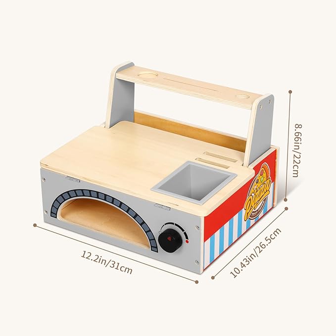 Wooden Pizza Toy Kids Pizza Counter Playset, Montessori Pretend Play Kitchen Accessories with Toy Food, Bake Oven, Role Play Set for 3 4 5 6 Year Old Boys Girls